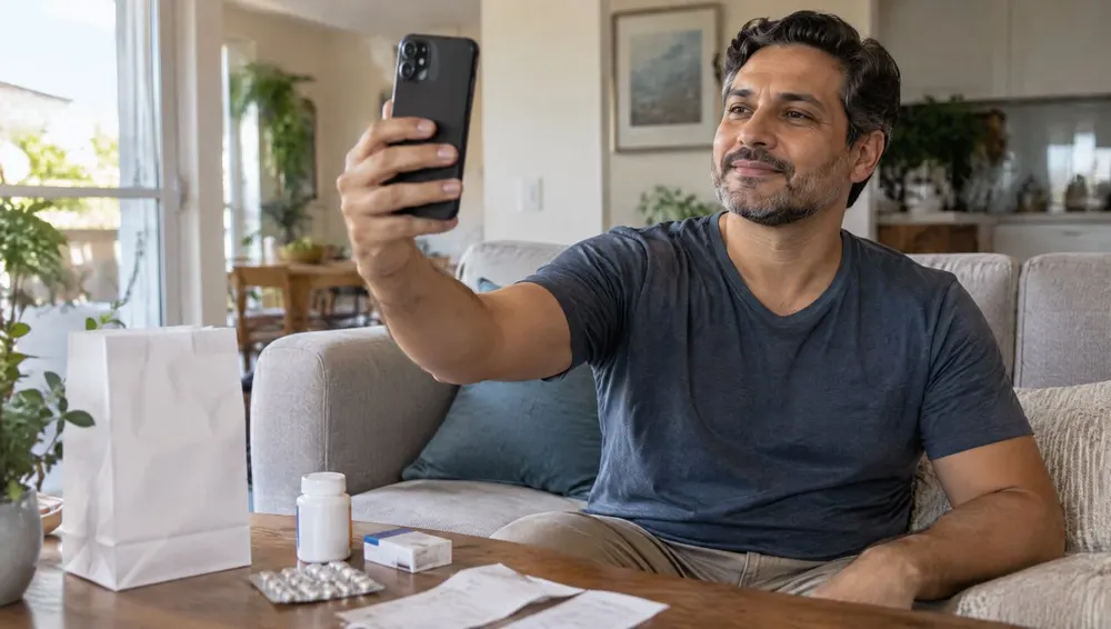 Beneficiário tirando uma selfie com o celular, em casa