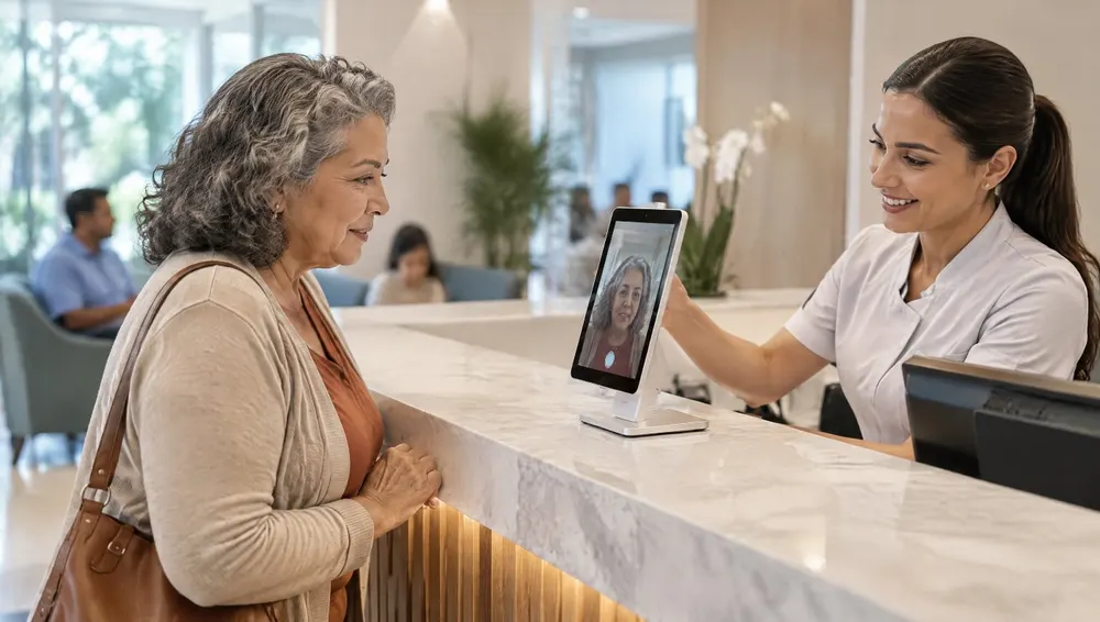 Beneficiária fazendo a verificação facial no tablet da recepção de uma clínica